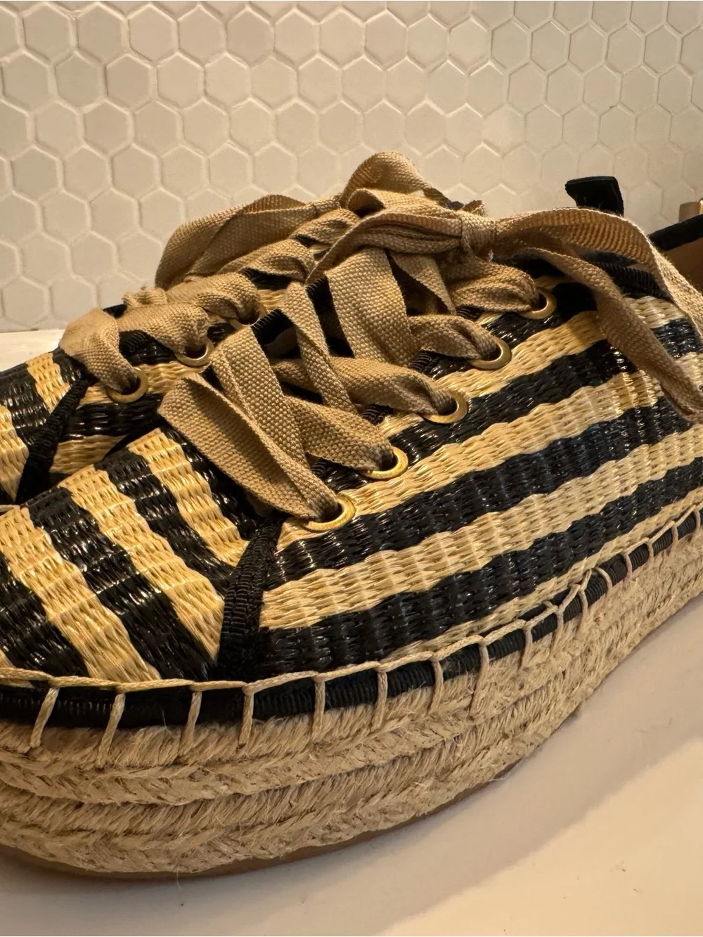 Sam Edelman Black & Natural Striped Platform Espadrille Sneaker